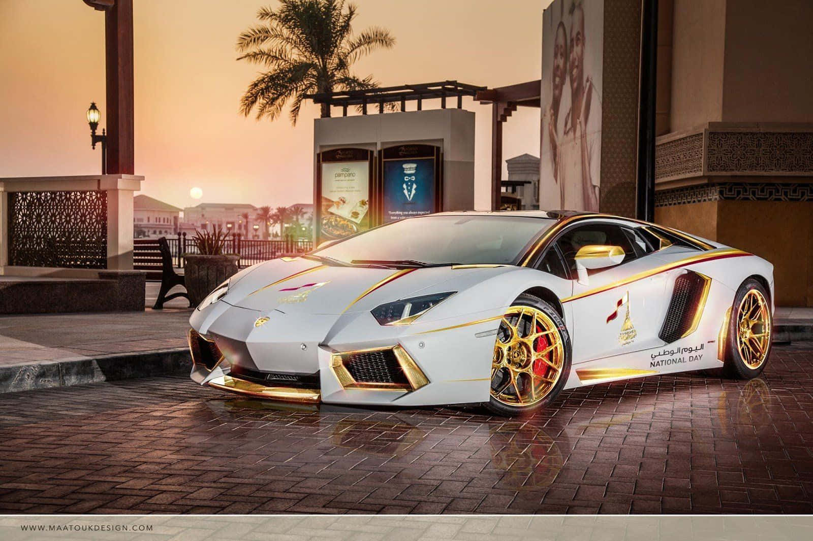 A White And Gold Sports Car Is Parked In Front Of A Building Wallpaper