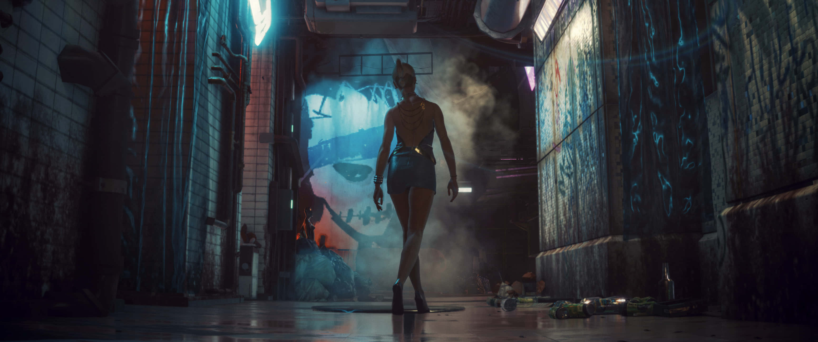 A Woman Is Walking Down An Alley With Neon Lights Wallpaper