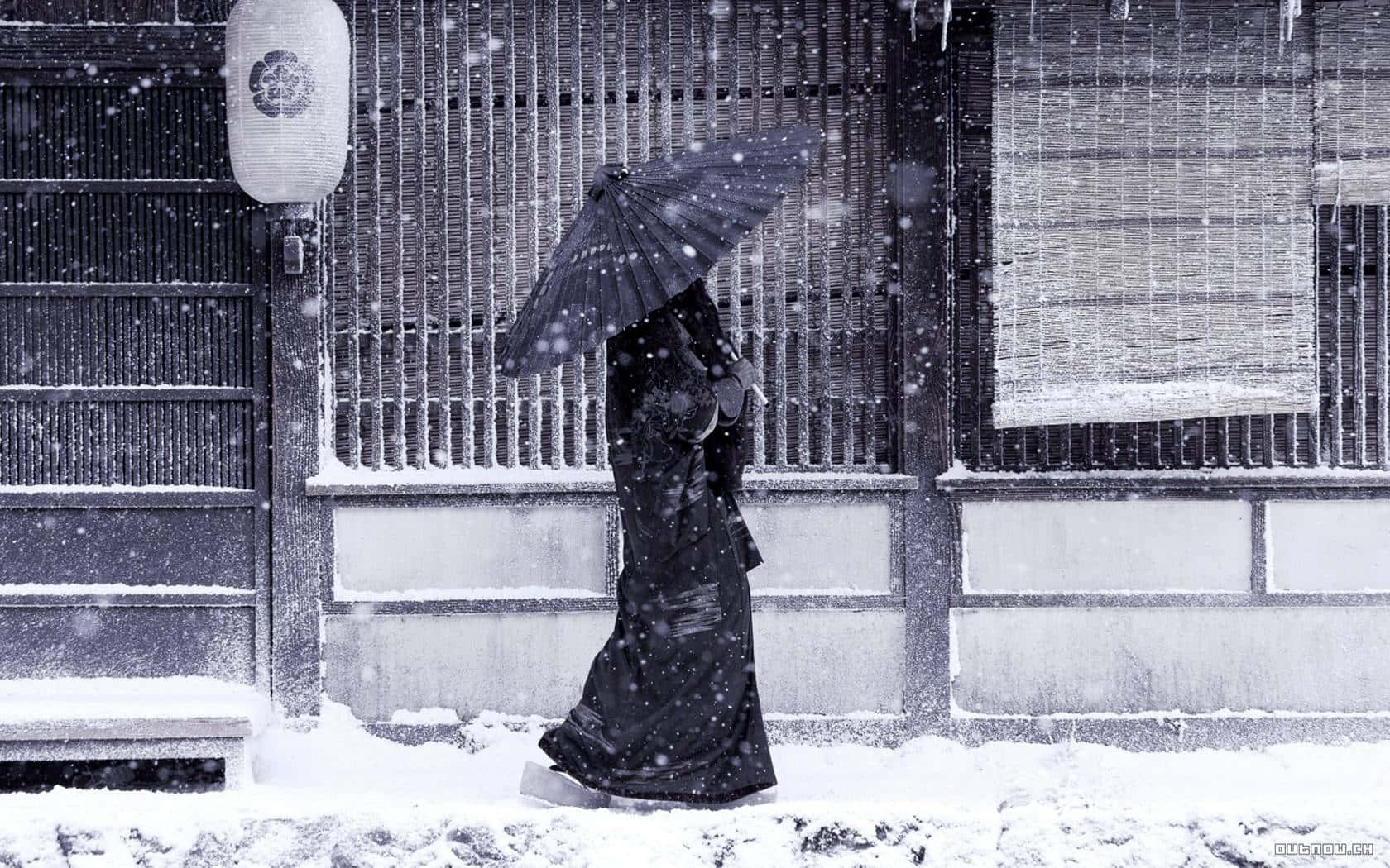 A Woman Walking In The Snow Wallpaper