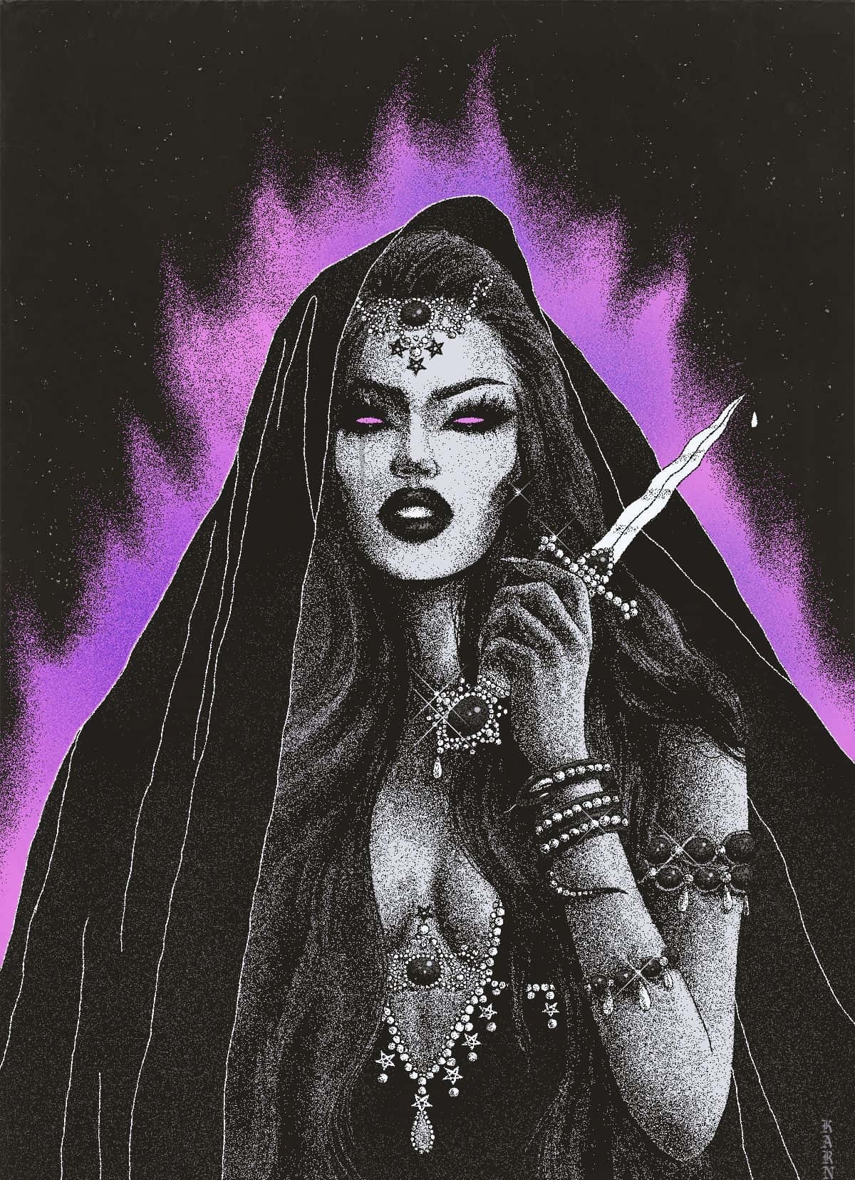 A Woman With A Knife Holding A Purple Cloak Wallpaper