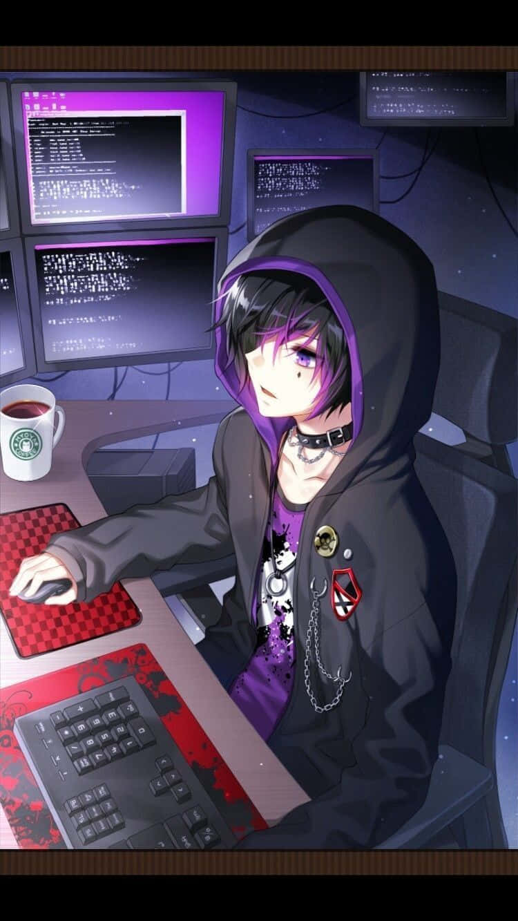 A Young Anime Boy Focuses Hard On His Computer Surrounded By A Chaotic World. Wallpaper