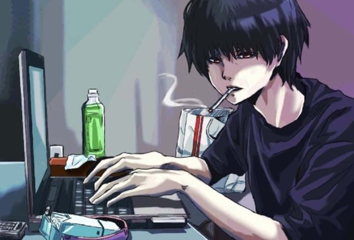 A Young Anime Boy Working Diligently On His Computer Wallpaper