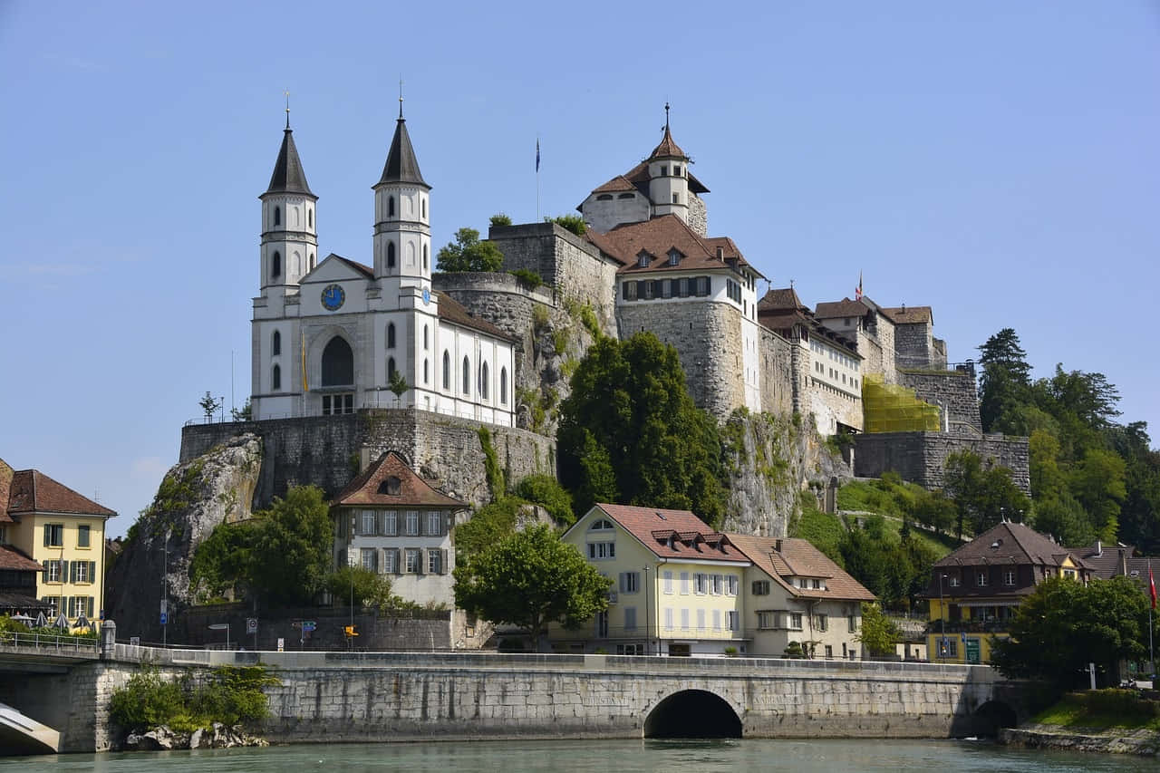 Aarau Riverfront Castleand Church Wallpaper