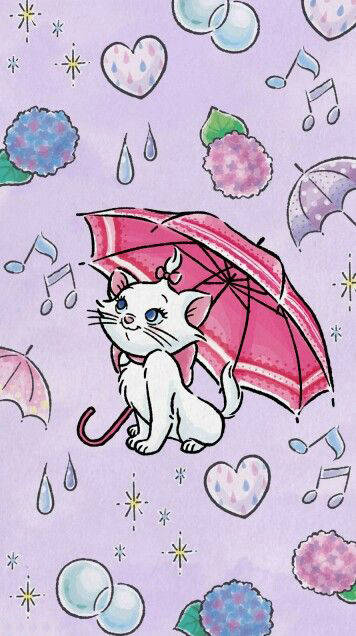 Adorable Marie Cat Enjoying A Rainy Day Under An Umbrella Wallpaper