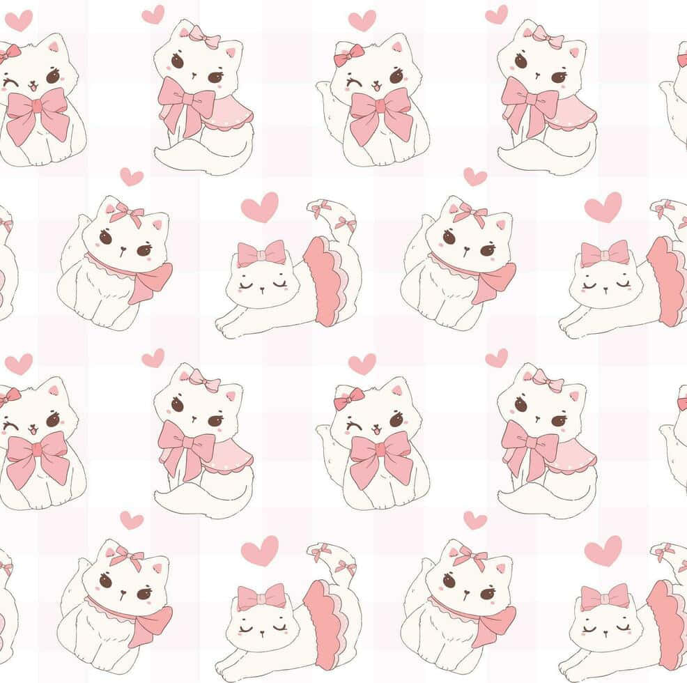 Adorable Pink Bow Cats Pattern Wallpaper