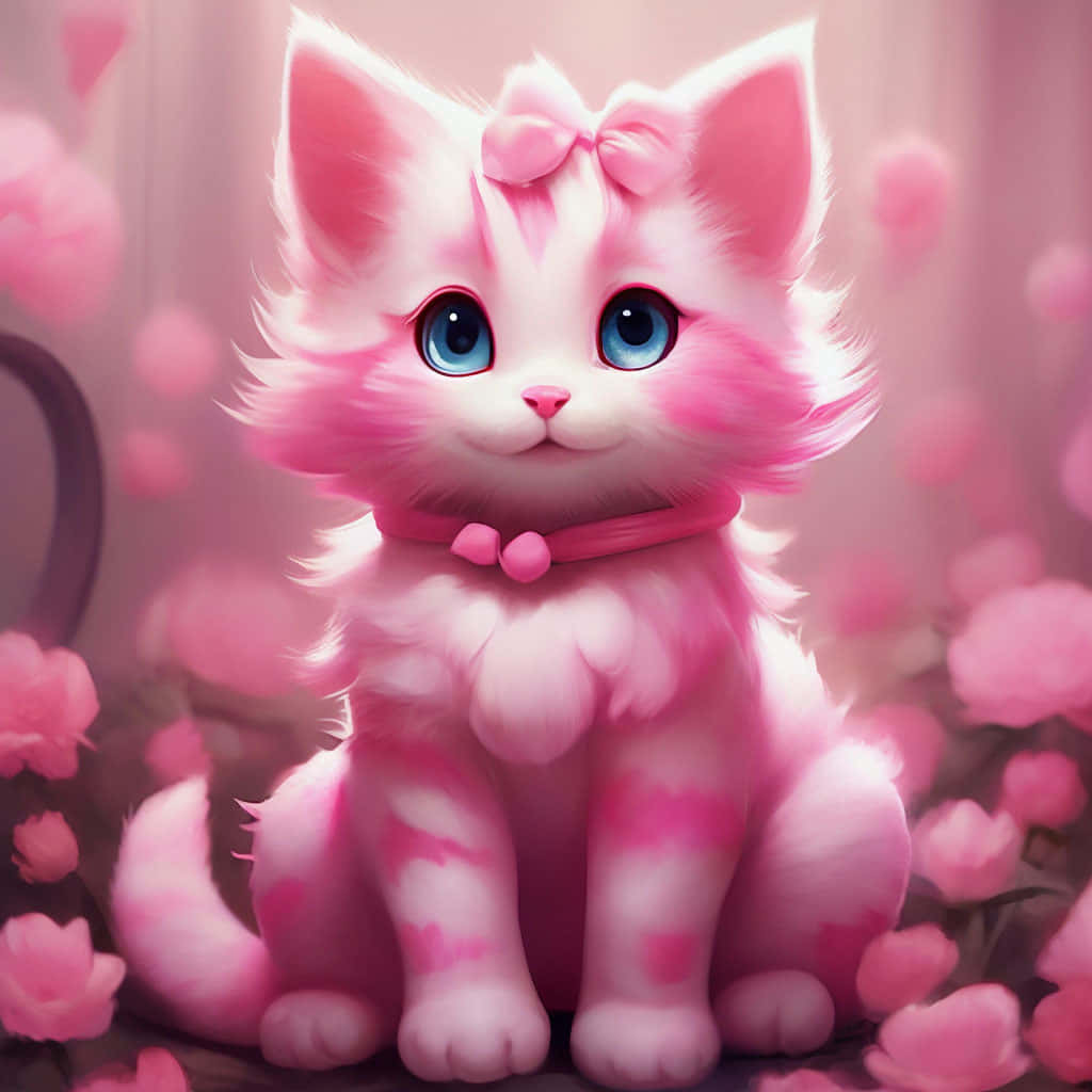 Adorable Pink Kitten Illustration Wallpaper