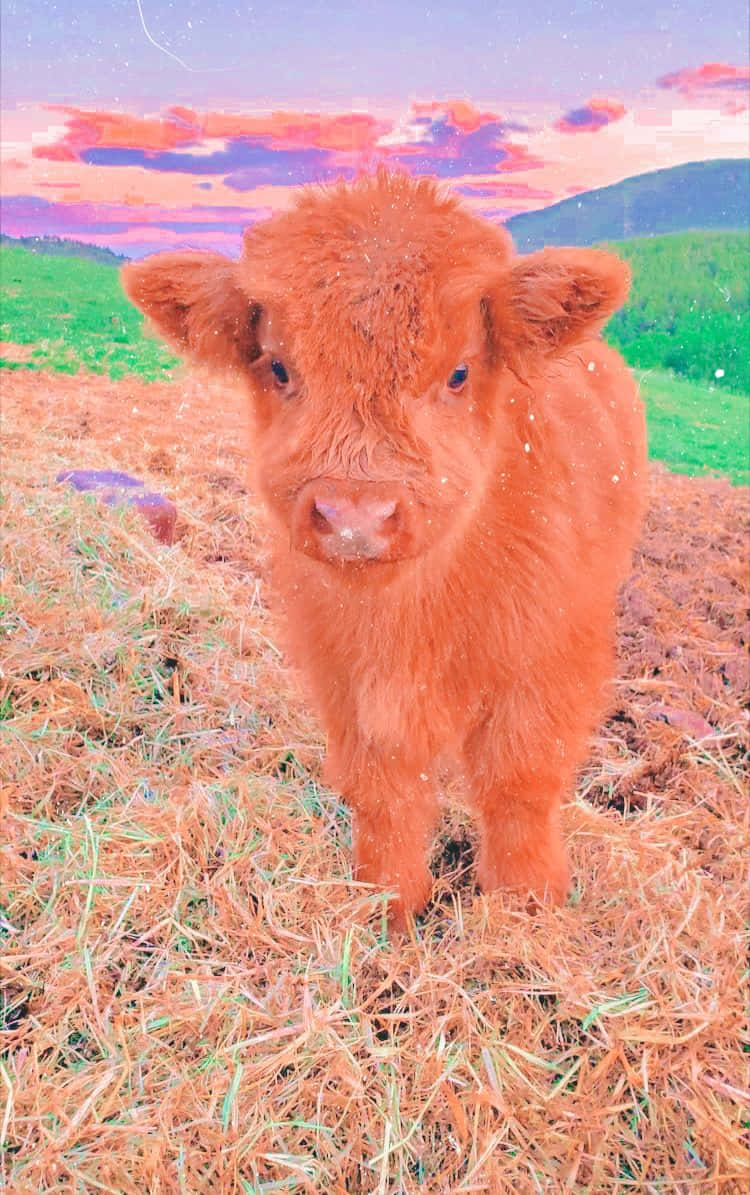 Adorable Red Calf Sunset Pasture Wallpaper