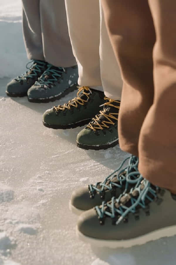 Adventurer Hiking Through Snowy Wilderness With Snowshoes On Feet Wallpaper