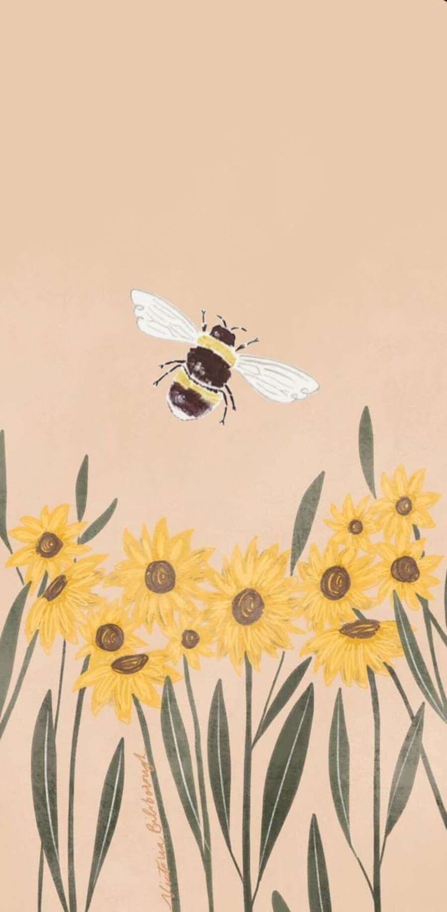 Aesthetic Bee On A Purple Flower Wallpaper