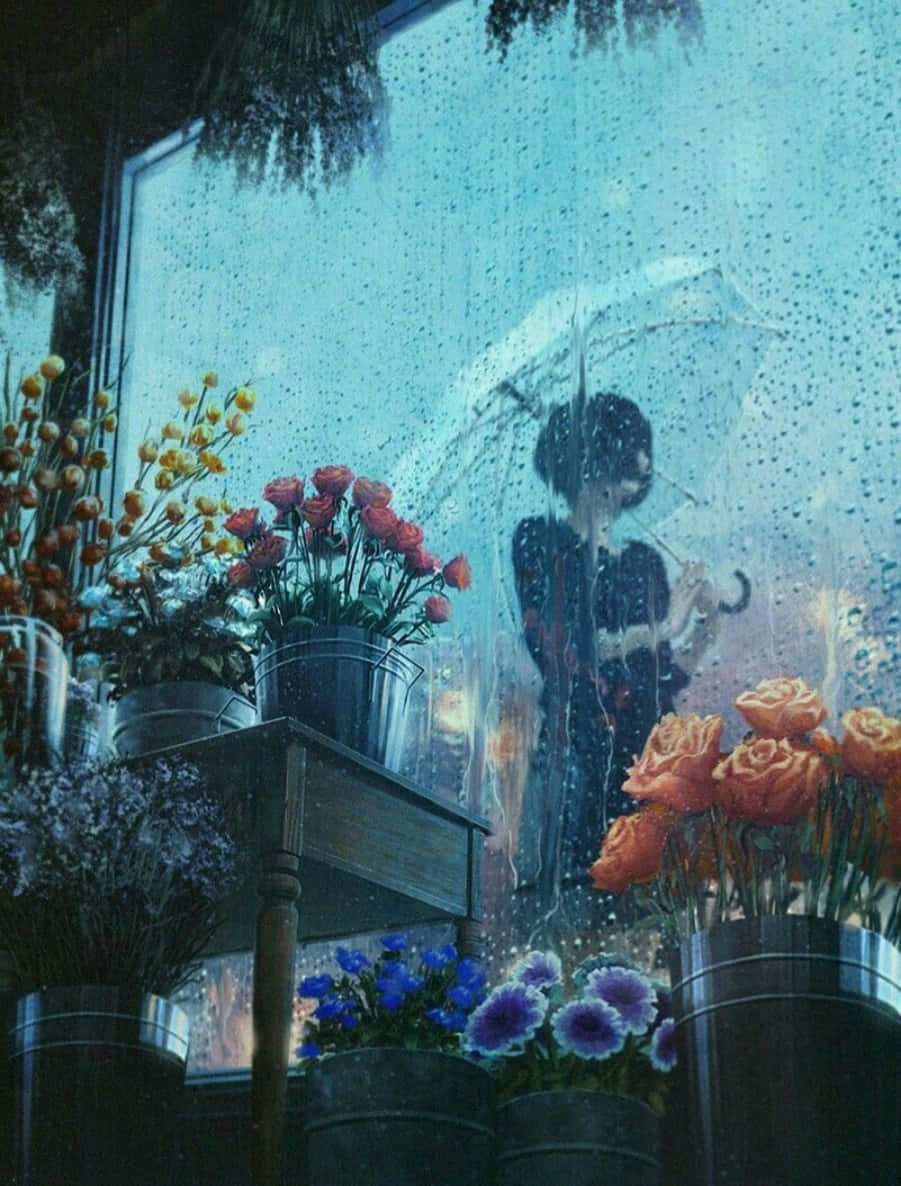 Aesthetic Girl In Rain From Flower Shop Window Wallpaper