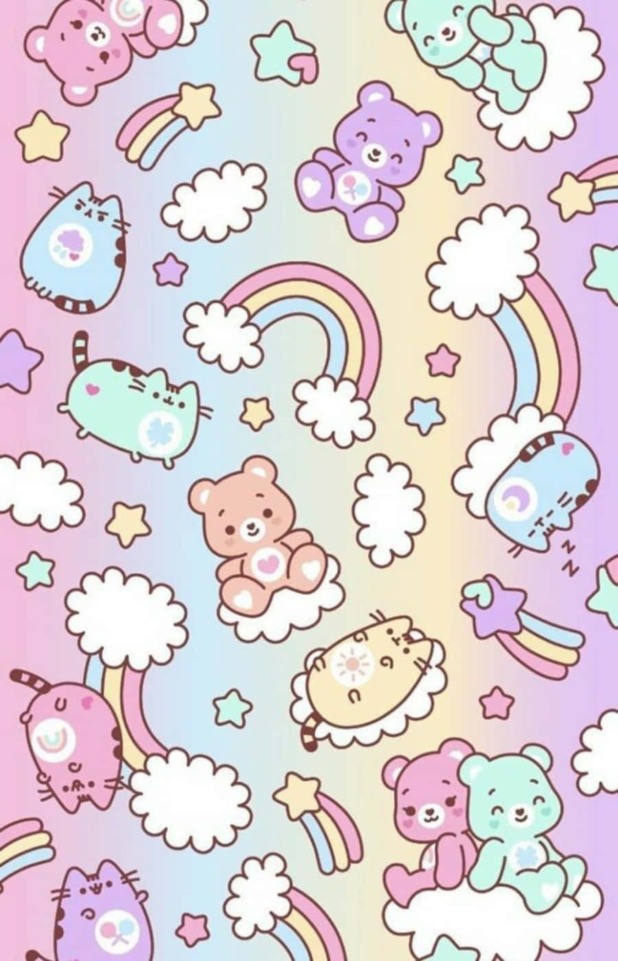 Aesthetic Pink Kawaii Care Bears And Pusheen Wallpaper