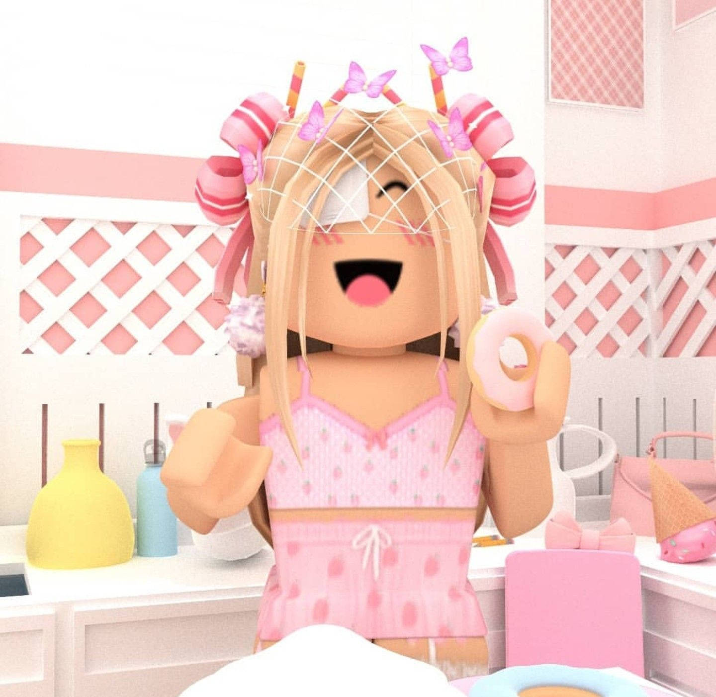 Aesthetic Roblox Girl Holding A Doughnut Wallpaper