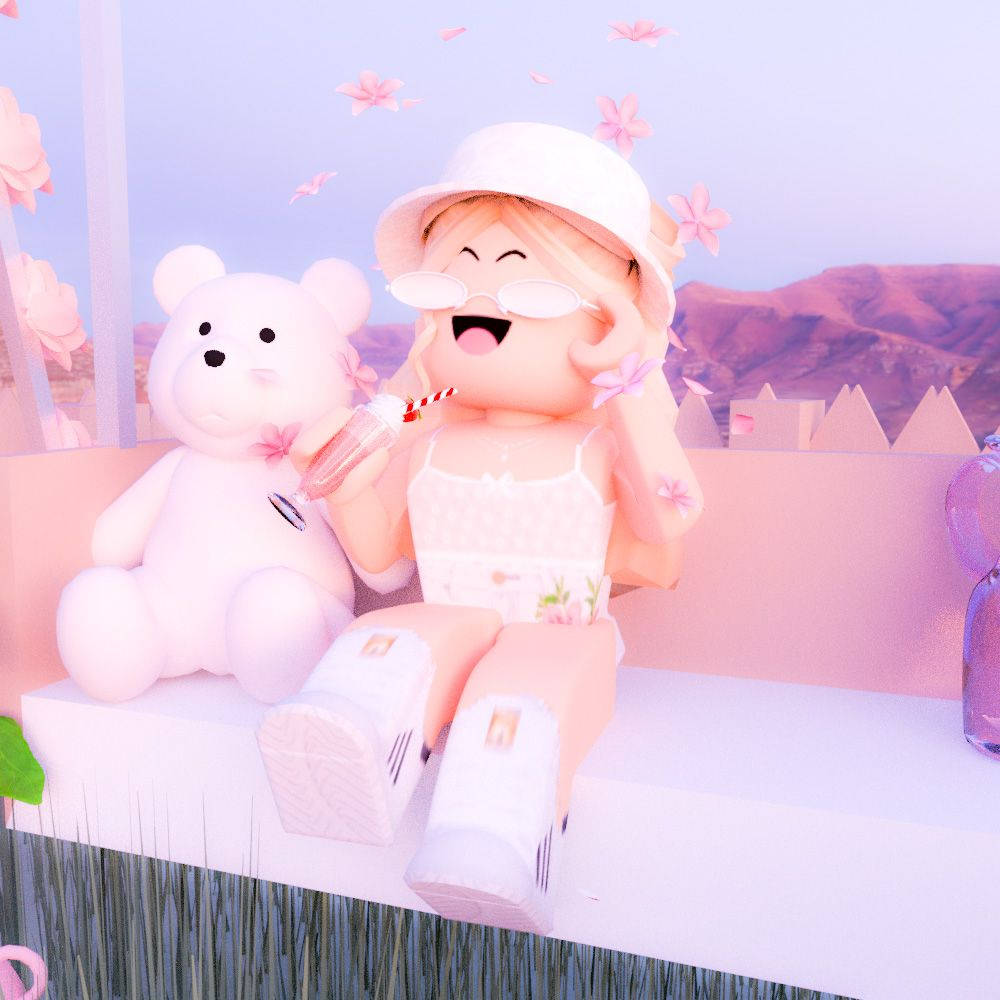 Aesthetic Roblox Girl Next To A Teddy Bear Wallpaper