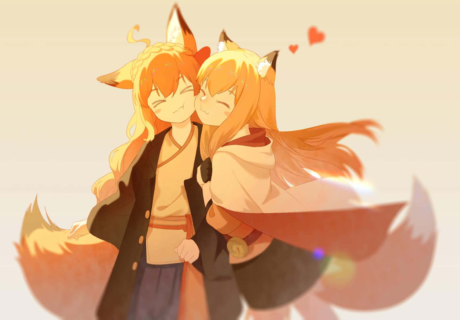 Affectionate Anime Fox Girls Wallpaper