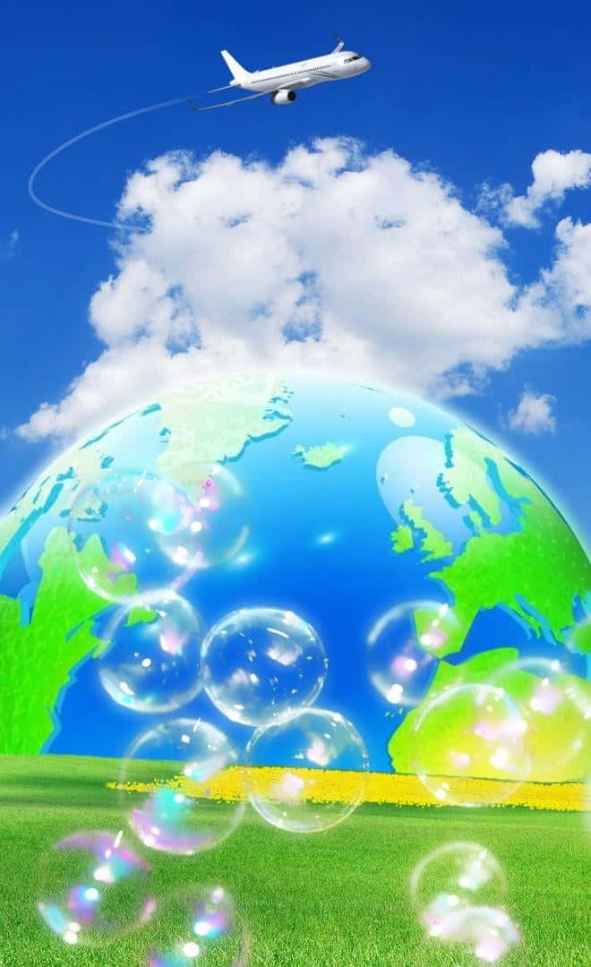 Airplane Over Surreal Earth Bubbles Wallpaper