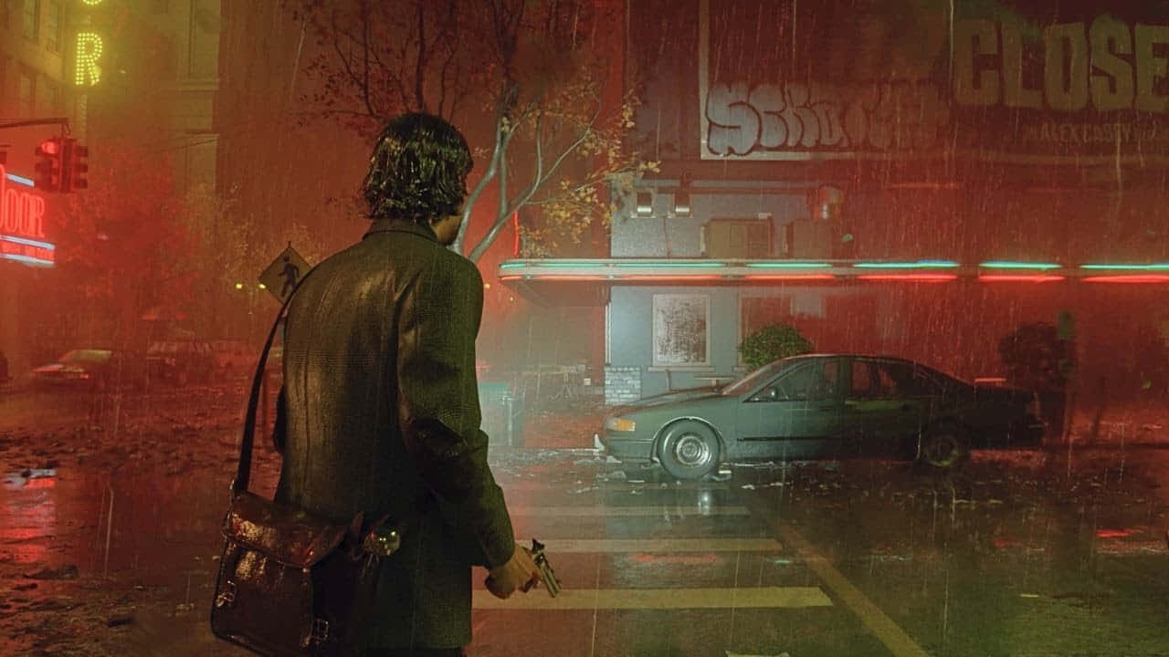 Alan Wake2 Mysterious Figurein Rainy Street Wallpaper