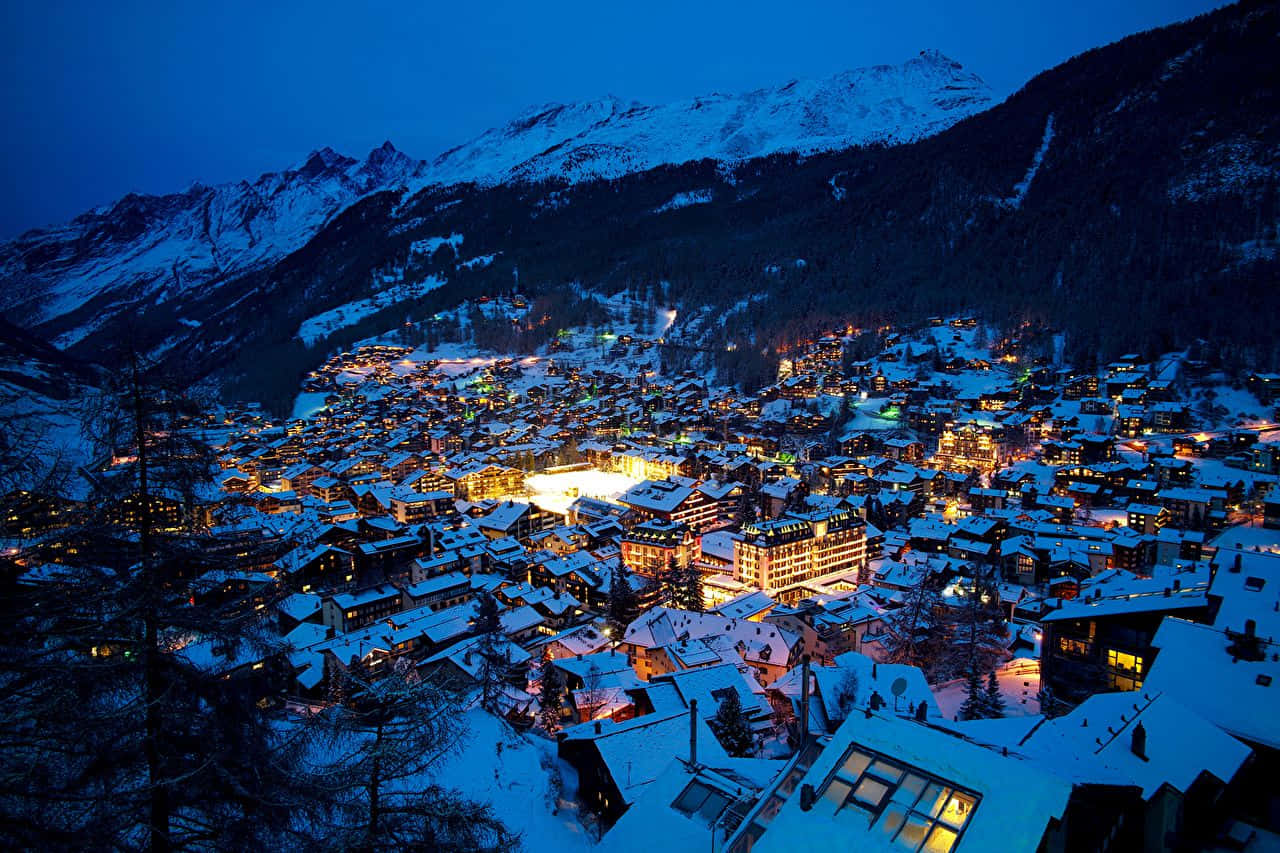 Alpine Town Twilight Glow Wallpaper