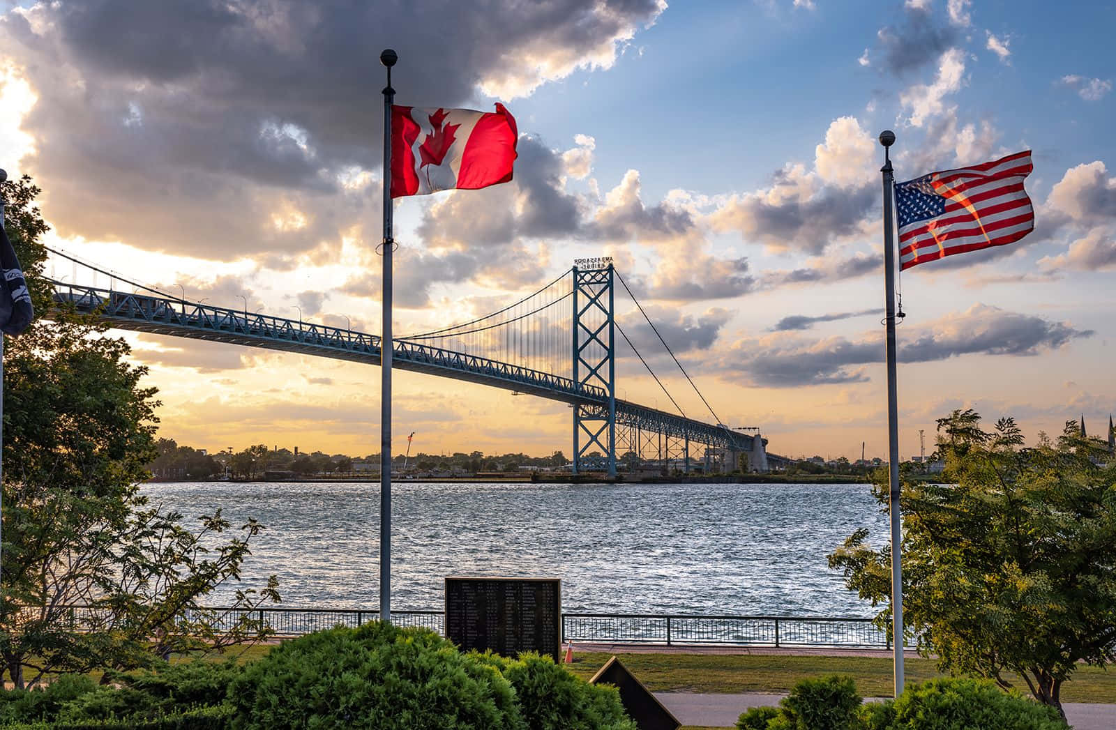 Ambassador Bridge Sunset Flags Wallpaper