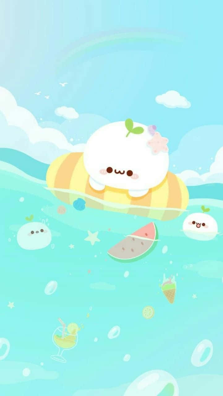 An Adorable Green Kawaii Character Wallpaper