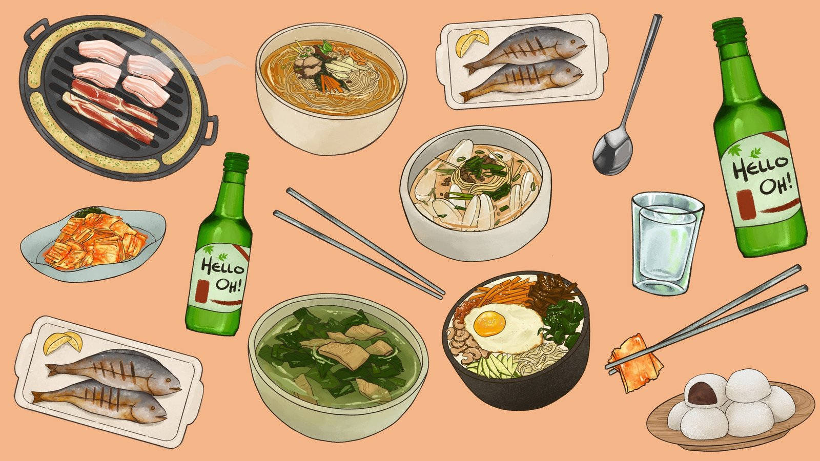 An Aesthetic Display Of Bowls With Chopsticks And Soju Wallpaper