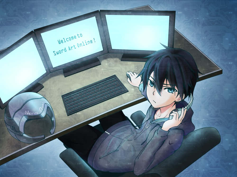 An Ambitious Anime Boy Sits At A Computer, Working On His Latest Project. Wallpaper