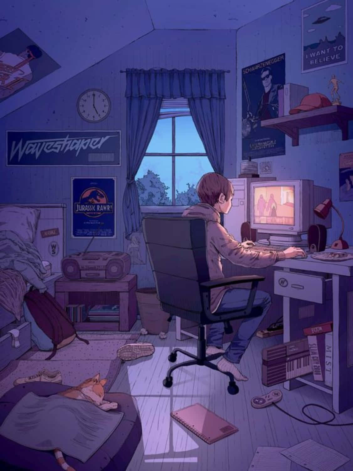 An Anime Boy Sitting In Front Of His Computer Wallpaper