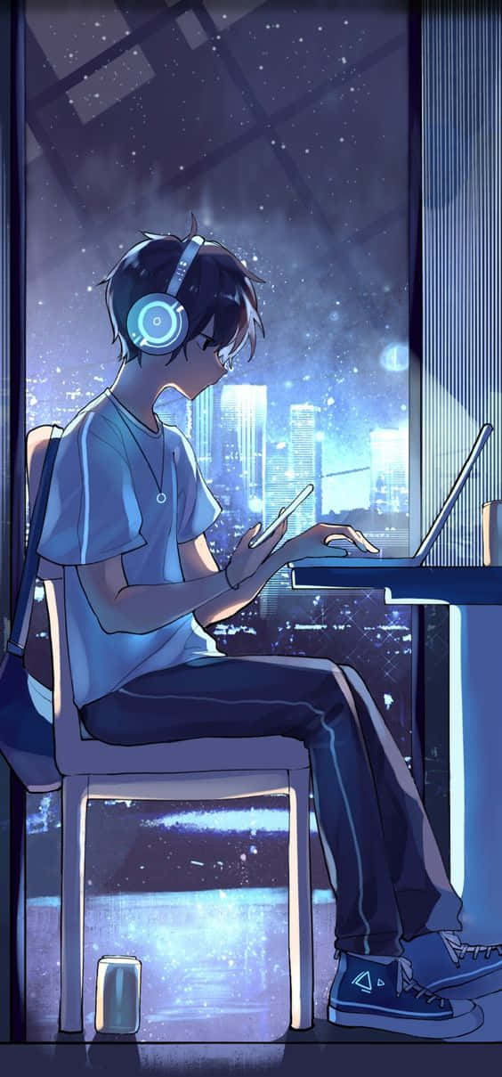 An Introspective Anime Boy At His Computer Wallpaper