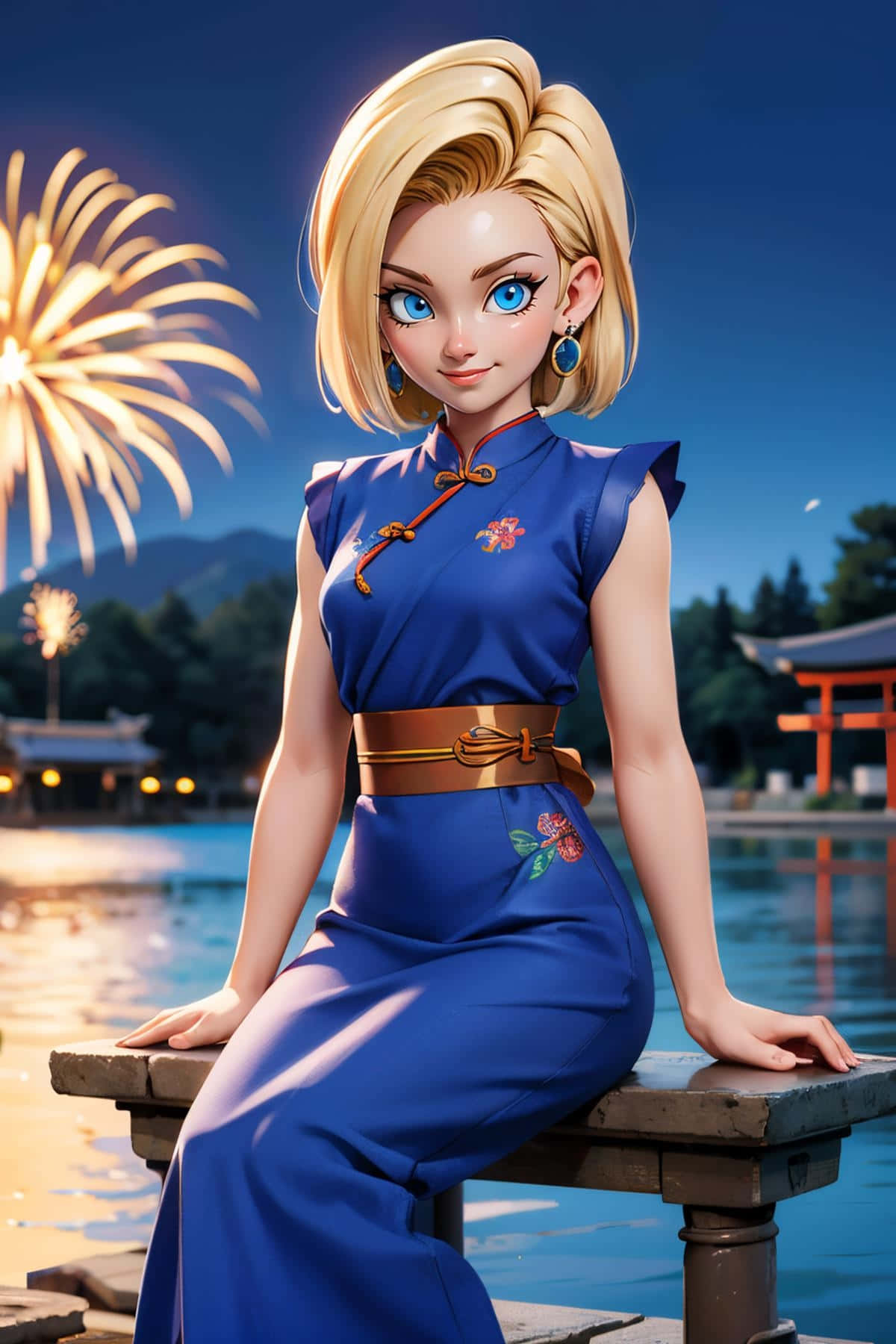 Android18 Fireworks Festival Evening Wallpaper