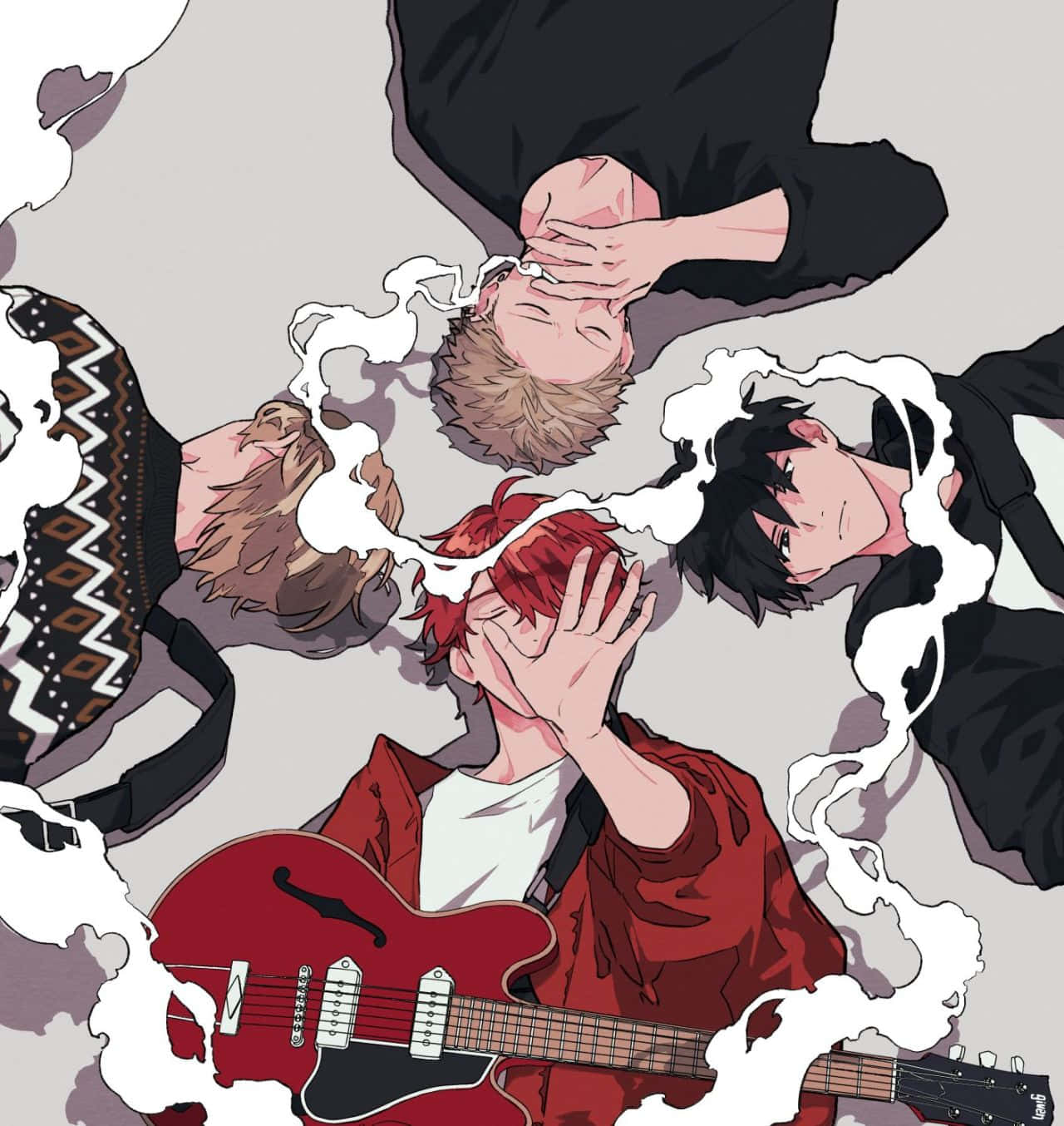 Animated Band Membersand Guitar Illustration Wallpaper