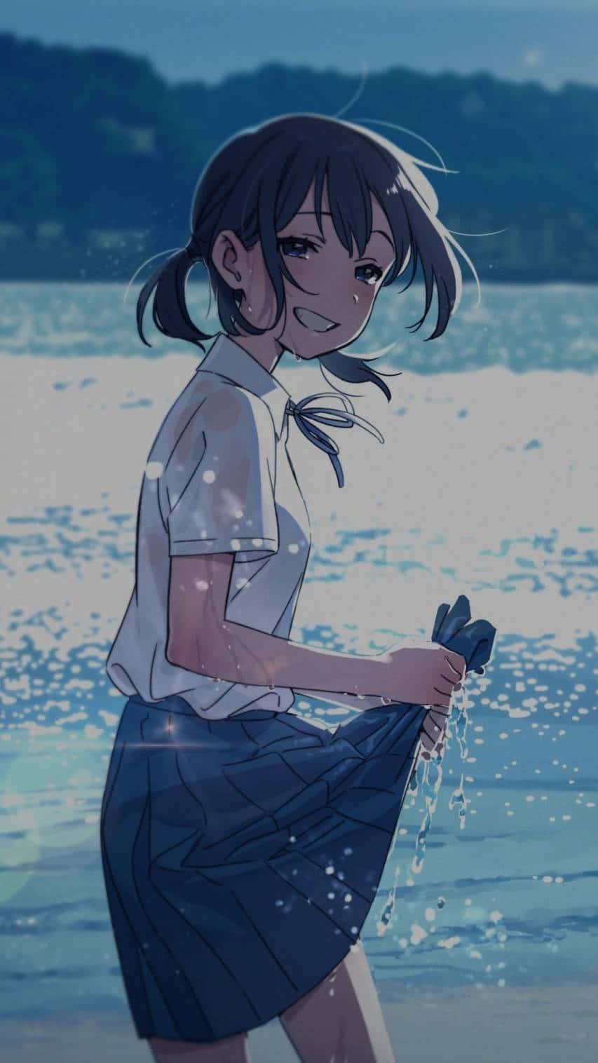 Animated Beachside Girl Smiling Wallpaper