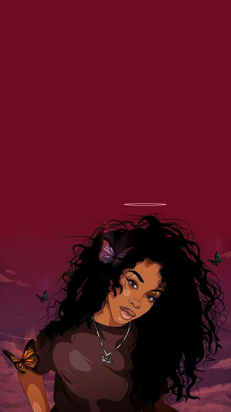 Animated Black Girlwith Butterfliesi Phone Wallpaper Wallpaper