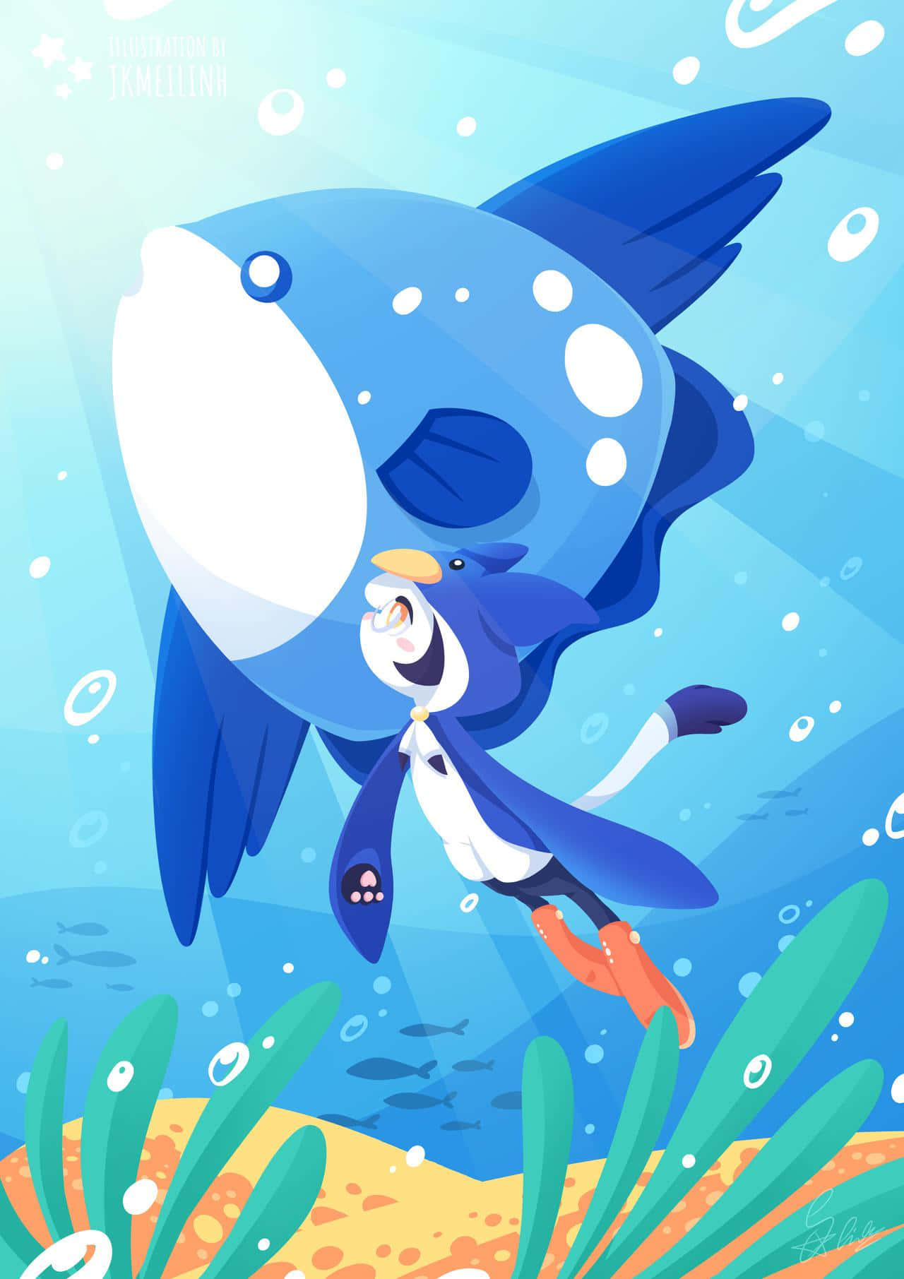 Animated Blue Sunfish Character Wallpaper