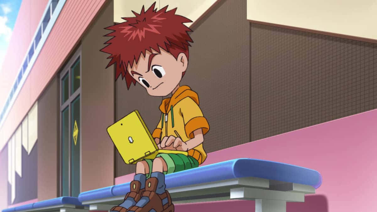 Animated Boy With Laptop Outdoors Wallpaper