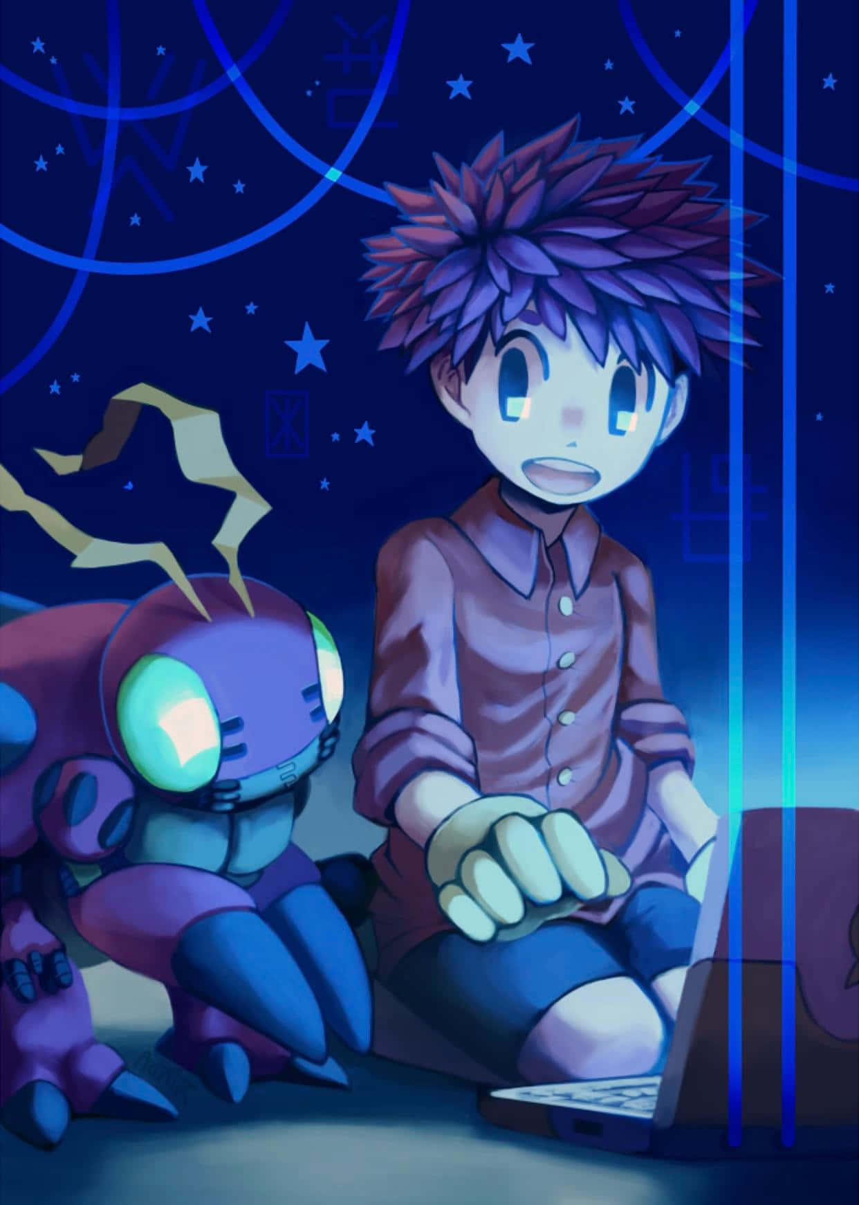 Animated Boyand Digital Companion Nighttime Adventure Wallpaper