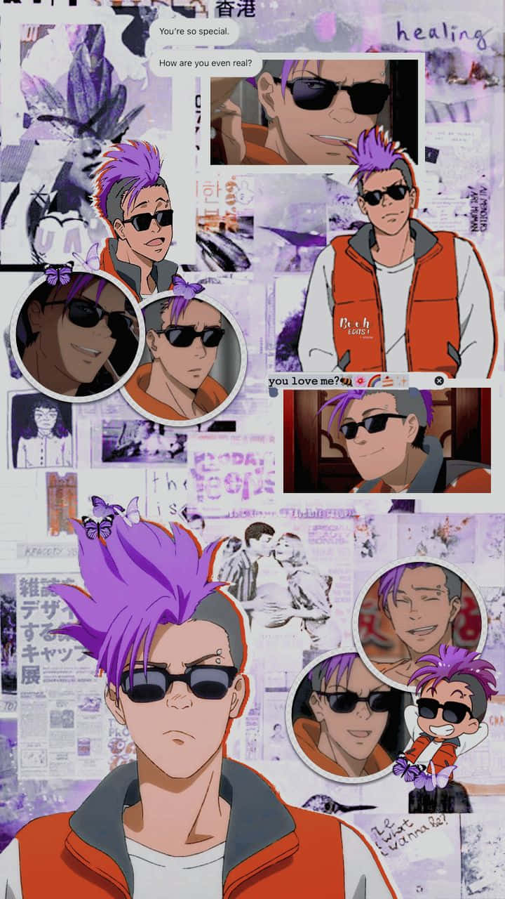 Animated Character Collage Purple Hair Wallpaper