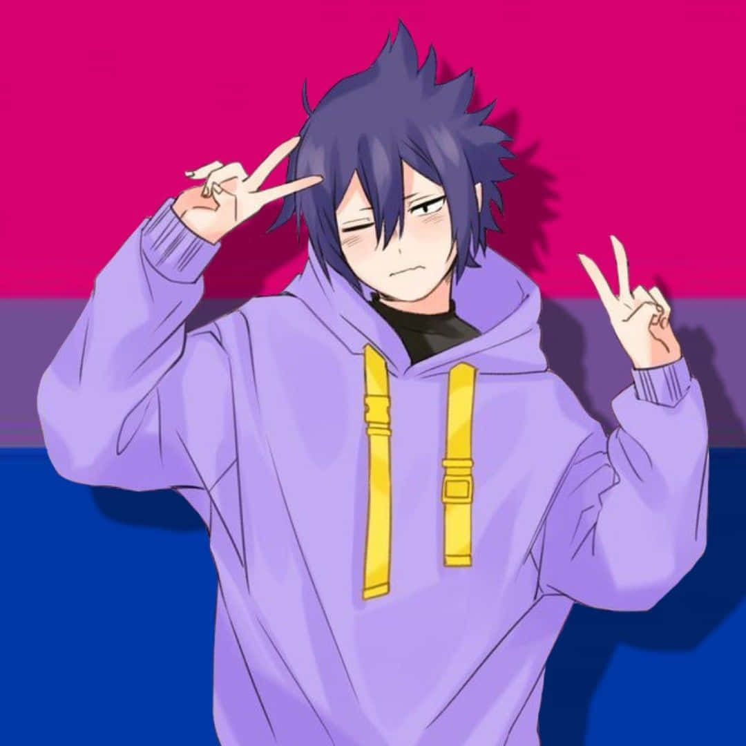 Animated Character Peace Sign Purple Hoodie Bisexual Flag Background Wallpaper