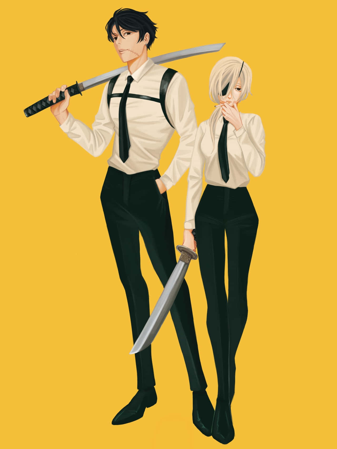 Animated Duo With Swords Yellow Background Wallpaper