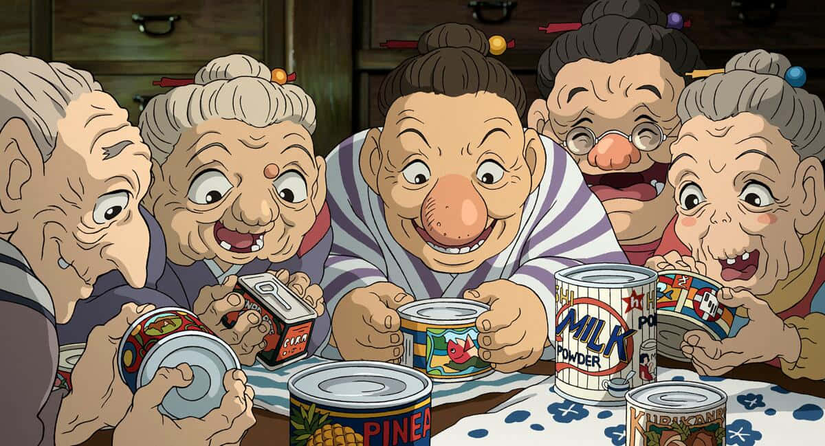 Animated Elderly People Eating Canned Food Wallpaper