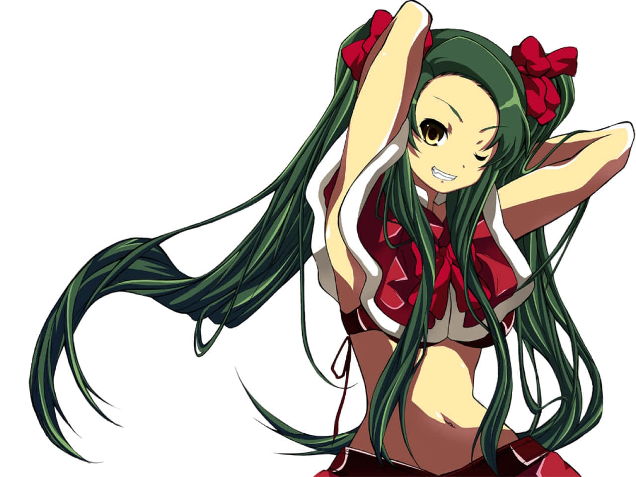 Animated Green Haired Girlwith Red Bows Wallpaper