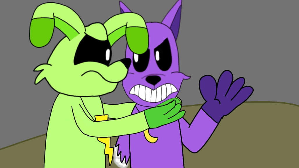 Animated Green Rabbit Purple Creature Conversation Wallpaper