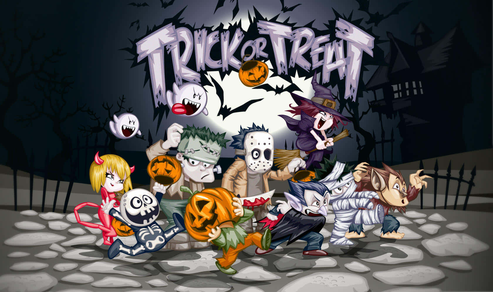 Animated Halloween Group Trickor Treat Wallpaper