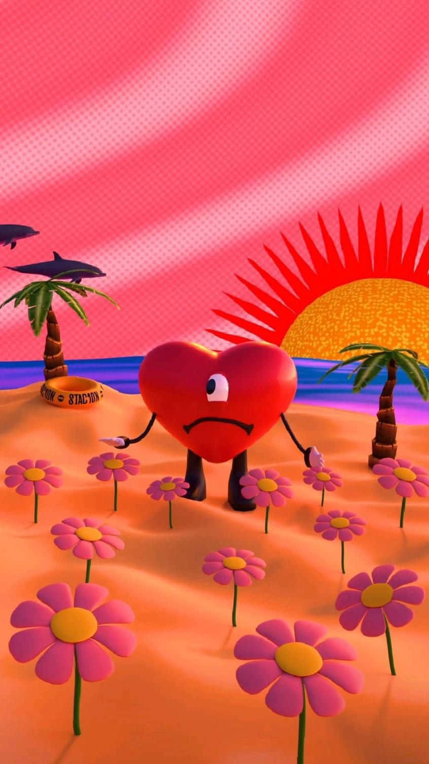 Animated Heart Character Beach Scene Wallpaper