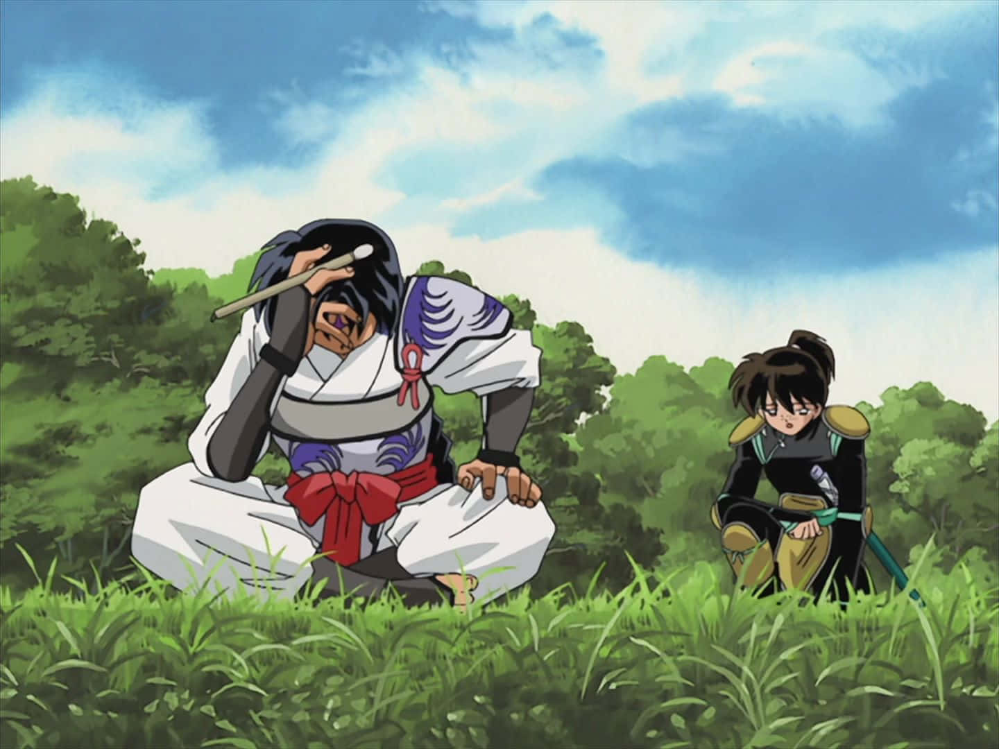 Animated_ Samurai_ Duo_ Resting_in_ Grass Wallpaper