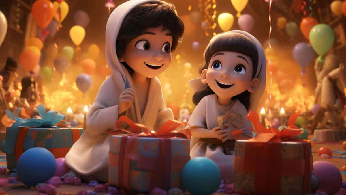 Animated Sisters Celebrating With Gifts Wallpaper