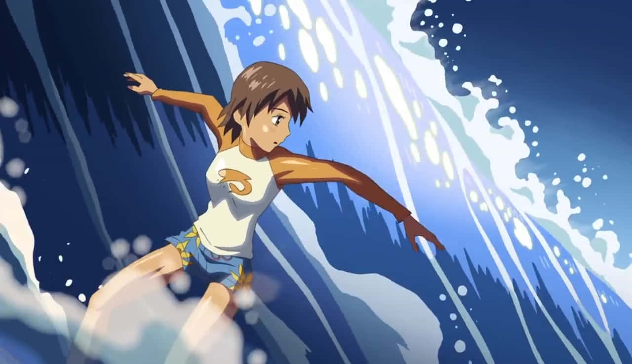 Animated Surfer Girl Riding Wave Wallpaper