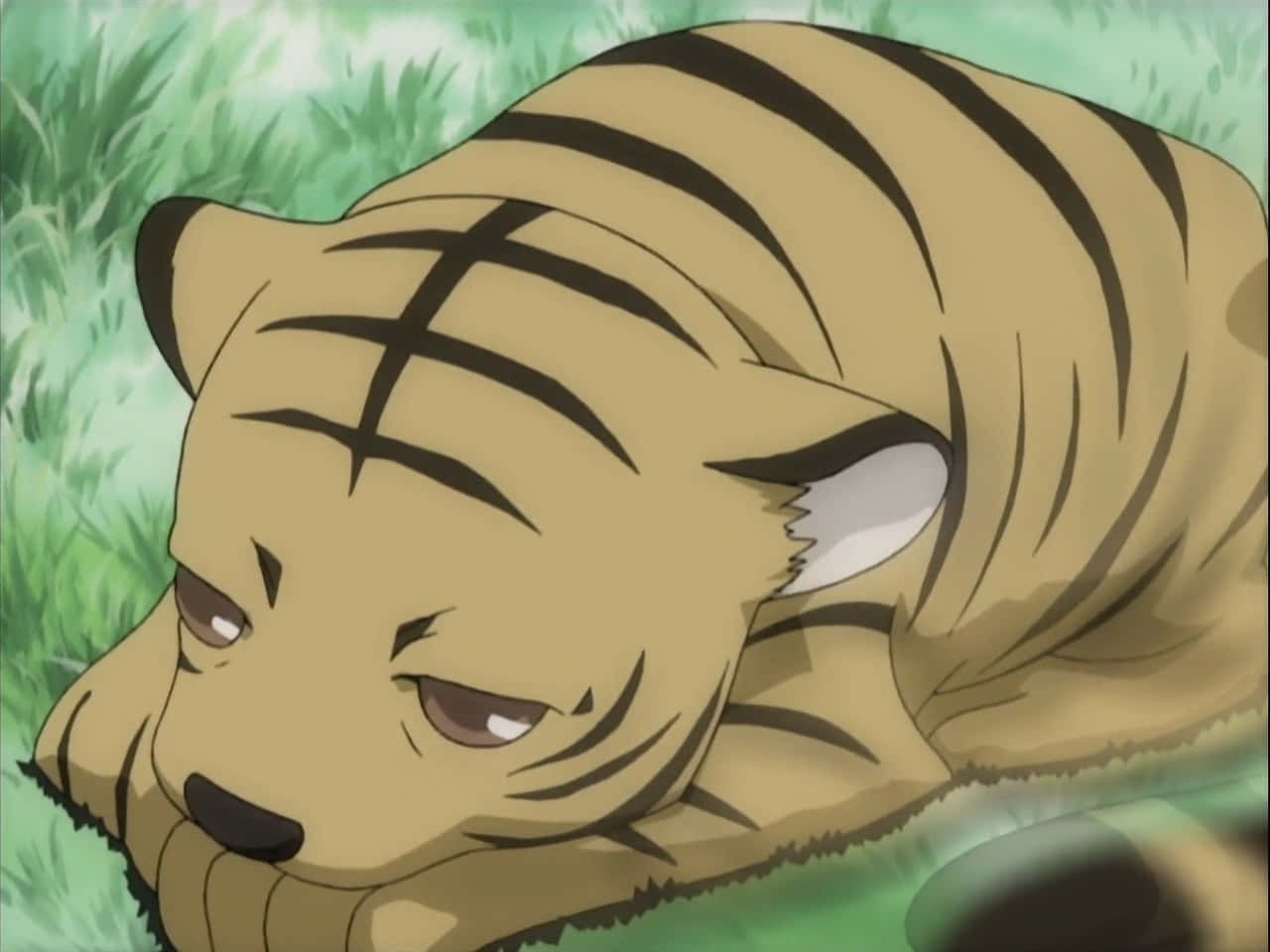 Animated Tiger Restingin Grass Wallpaper