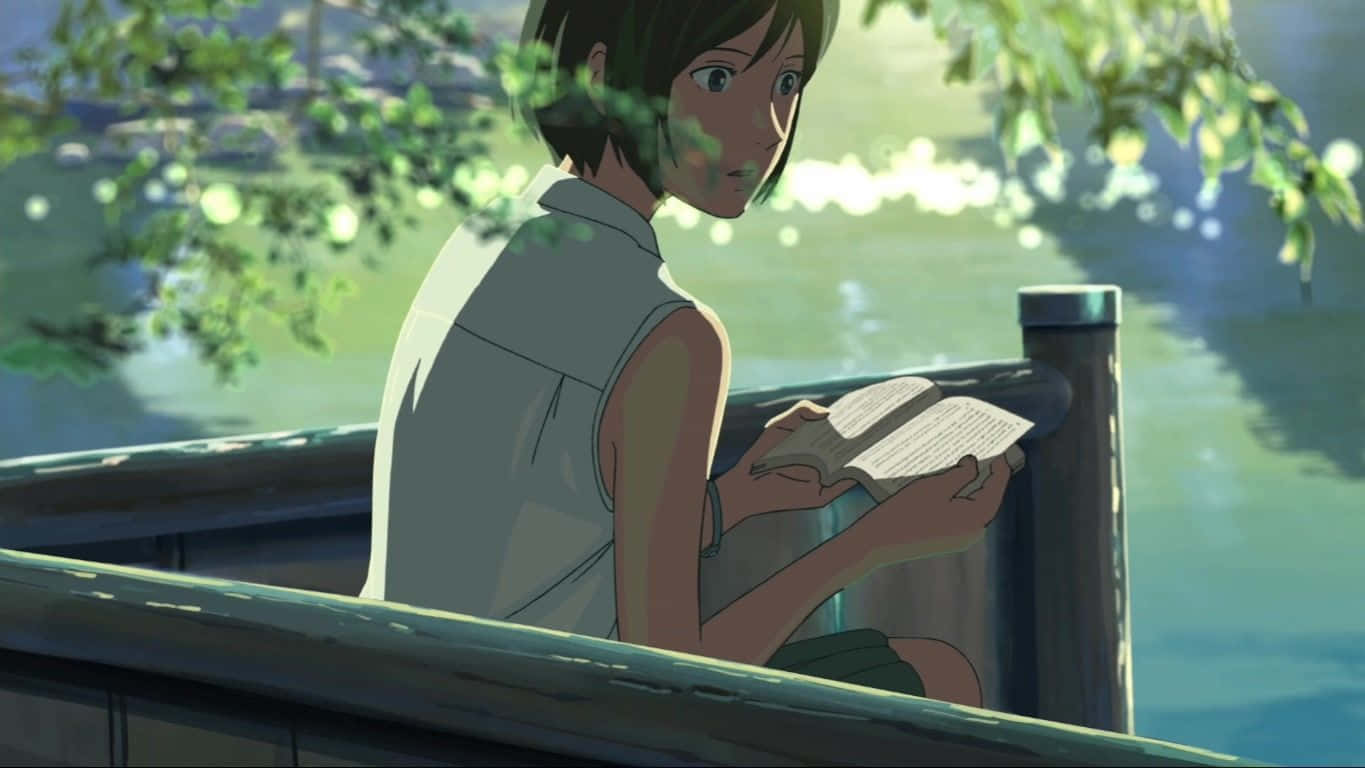 Animated Woman Reading By The River Wallpaper