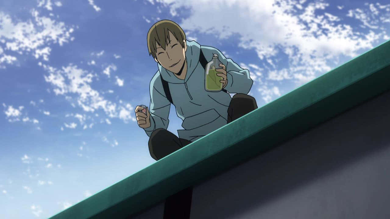 Anime Character Enjoying Snack On Rooftop Wallpaper