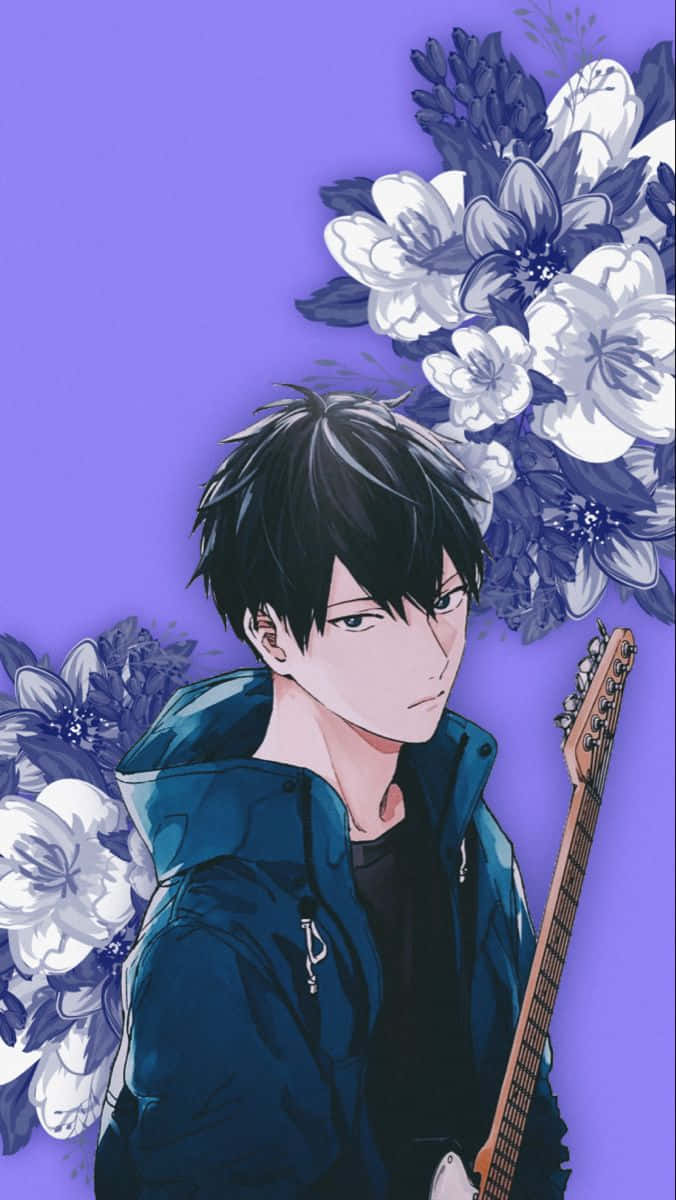 Anime Characterwith Guitarand Floral Background Wallpaper