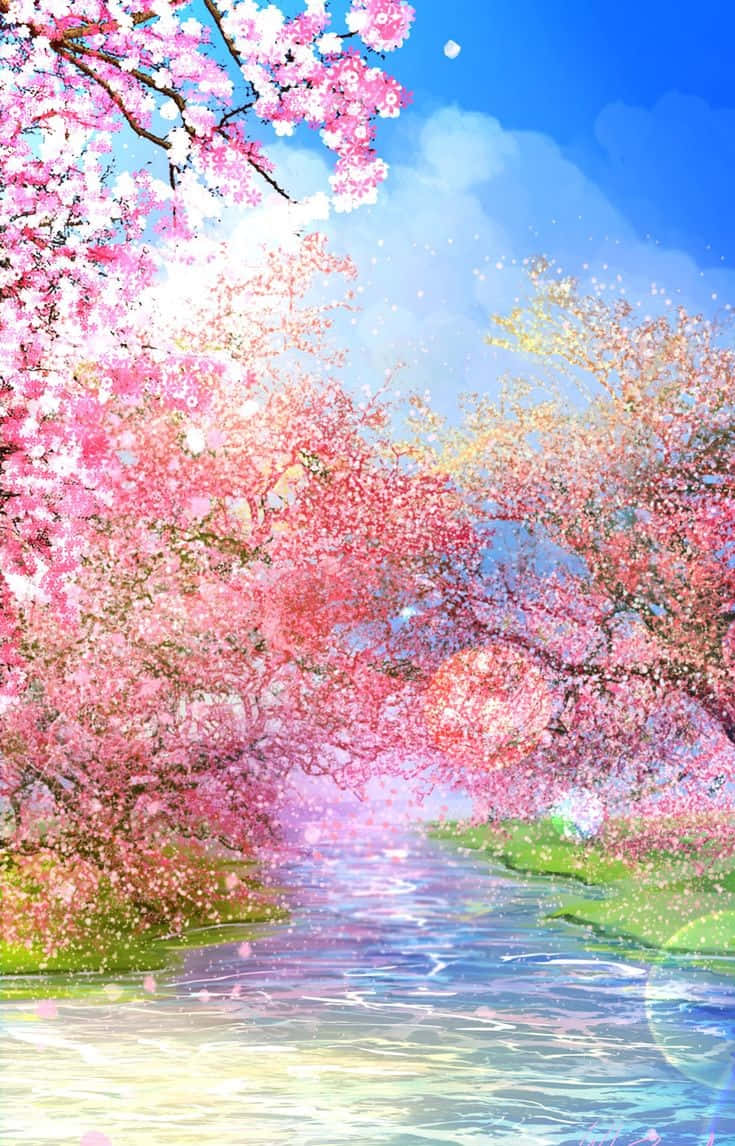 Anime Cherry Blossom River Scene Wallpaper